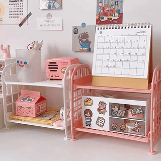 Organizador Prateleira 2 Camadas Plástico Versátil Para Mesa - Multiuso, Leve e Compacto-ROSA/BRANCO