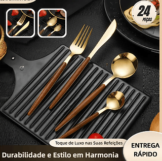 Kit Talheres Dourado 24 Peças – Aço Inoxidável Luxo para Mesa Posta