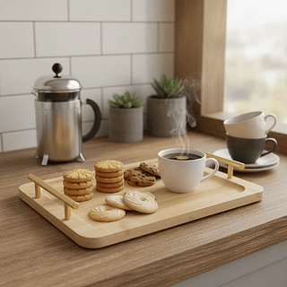 Bandeja De Bambu Premium Com Alça Dourada Multiuso 33x24x2cm Luxo