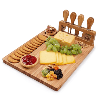 Tábua De Queijos E Frios Madeira + Kit 4 Espátulas