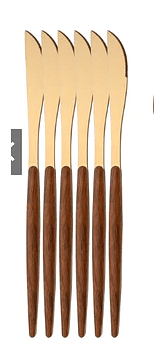 Kit 6 FACA De Talheres Aço Inoxidável Ouro Alças De Madeira
