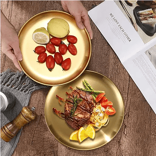 Bandeja Aço Inoxidavel Luxo Alimentos Dourado Redondo Para Churrasco Espaguete Bife Frutas