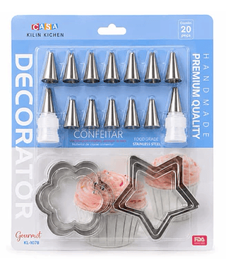 Kit Confeitaria Premium 20 Peças Com Bicos De Confeitar Em Aço Inox E Cortadores Decorativos Para Bolos E Cupcakes