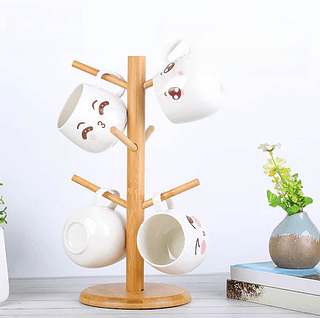 Suporte Porta Xicara Organizador Pendurar Caneca Em Bambu 6 Ganchos Guardar Xicara