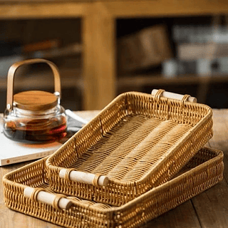 Bandeja imitação de vime para sala de estar Bandeja de chá para restaurante Bandeja de pão Cesta de armazenamento