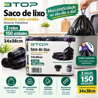 Kit 3 Rolos Saco de Lixo com Cordão 150 Unidades PE Resistente para Cozinha Banheiro Casa