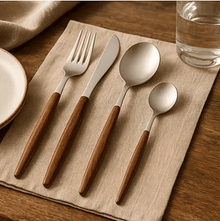 Kit 24 Peças Jogo de Talheres em Aço Inoxidável com Alças de Madeira – Cor Prata